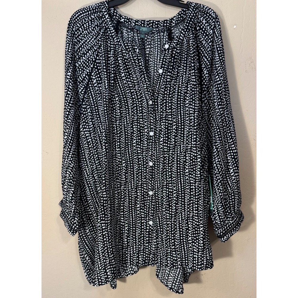 Terra & Sky Tunic Blouse Womens 4X Black White Dot Button Up 3/4 Sleeve Top NEW